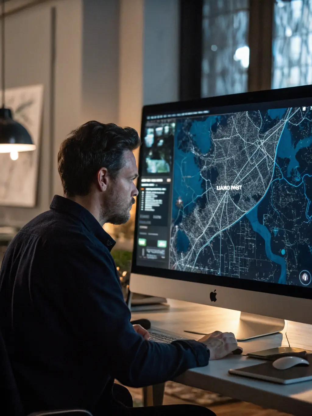 An image of a town planner using digital tools to analyze demographic data and urban growth patterns.