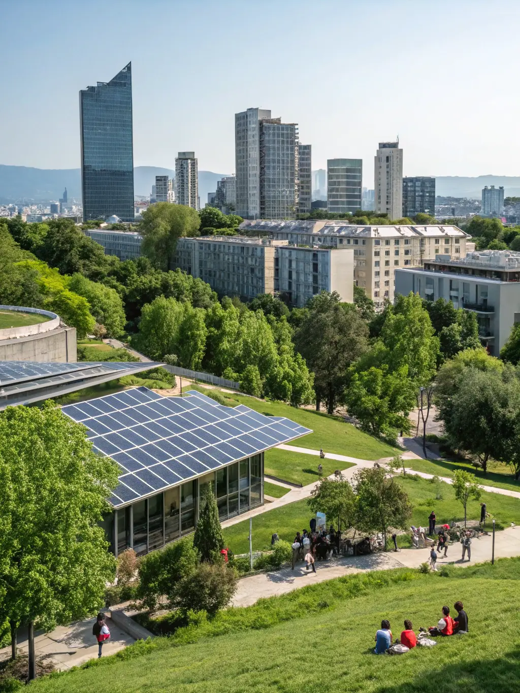 A landscape architect's rendering of a sustainable urban park, showcasing the integration of green spaces into urban design, used to highlight DVLP Planning Strategy's commitment to sustainable planning.