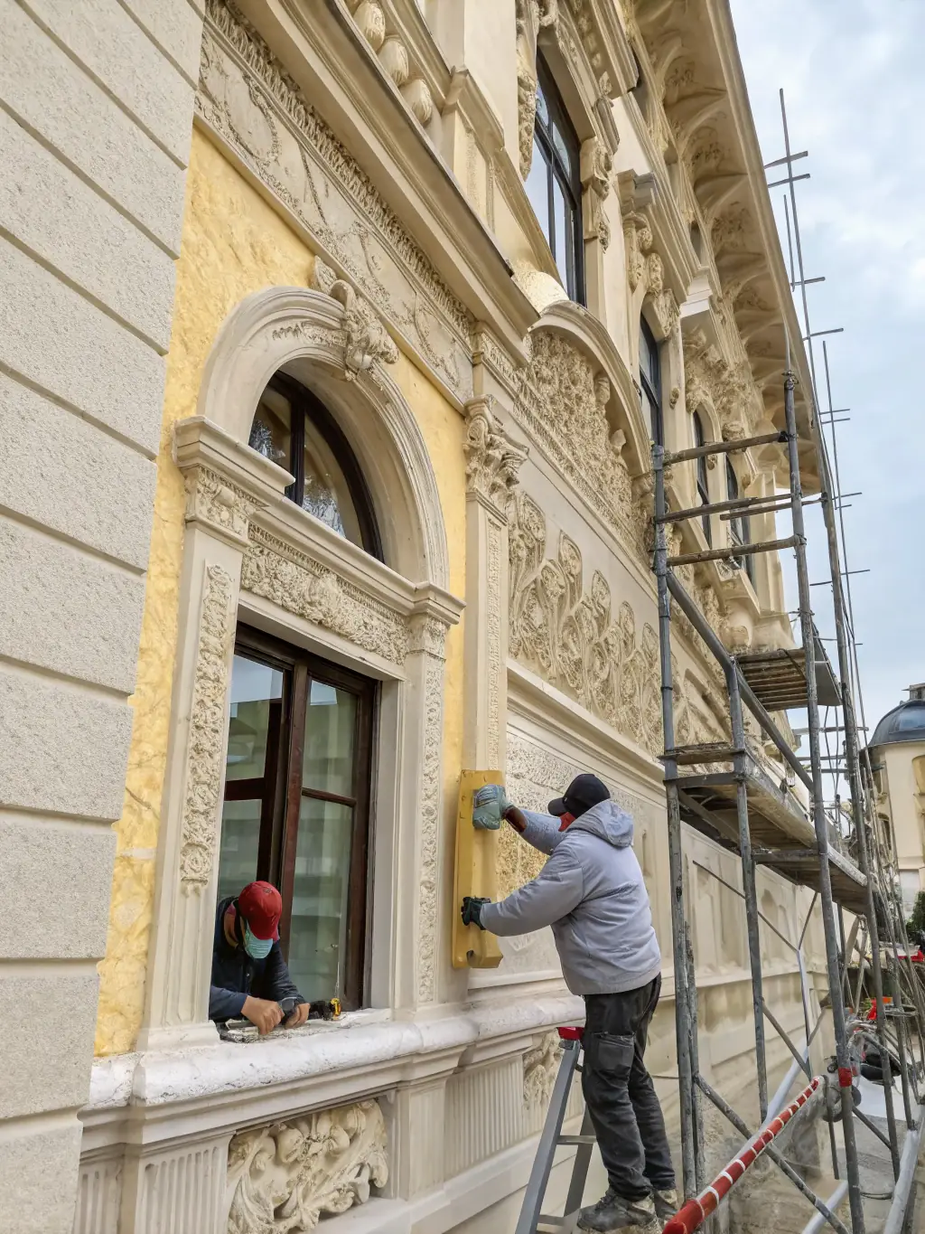 A close-up shot of a heritage building being restored, emphasizing the careful consideration of historical preservation in town planning, used to represent DVLP Planning Strategy's expertise in heritage planning.