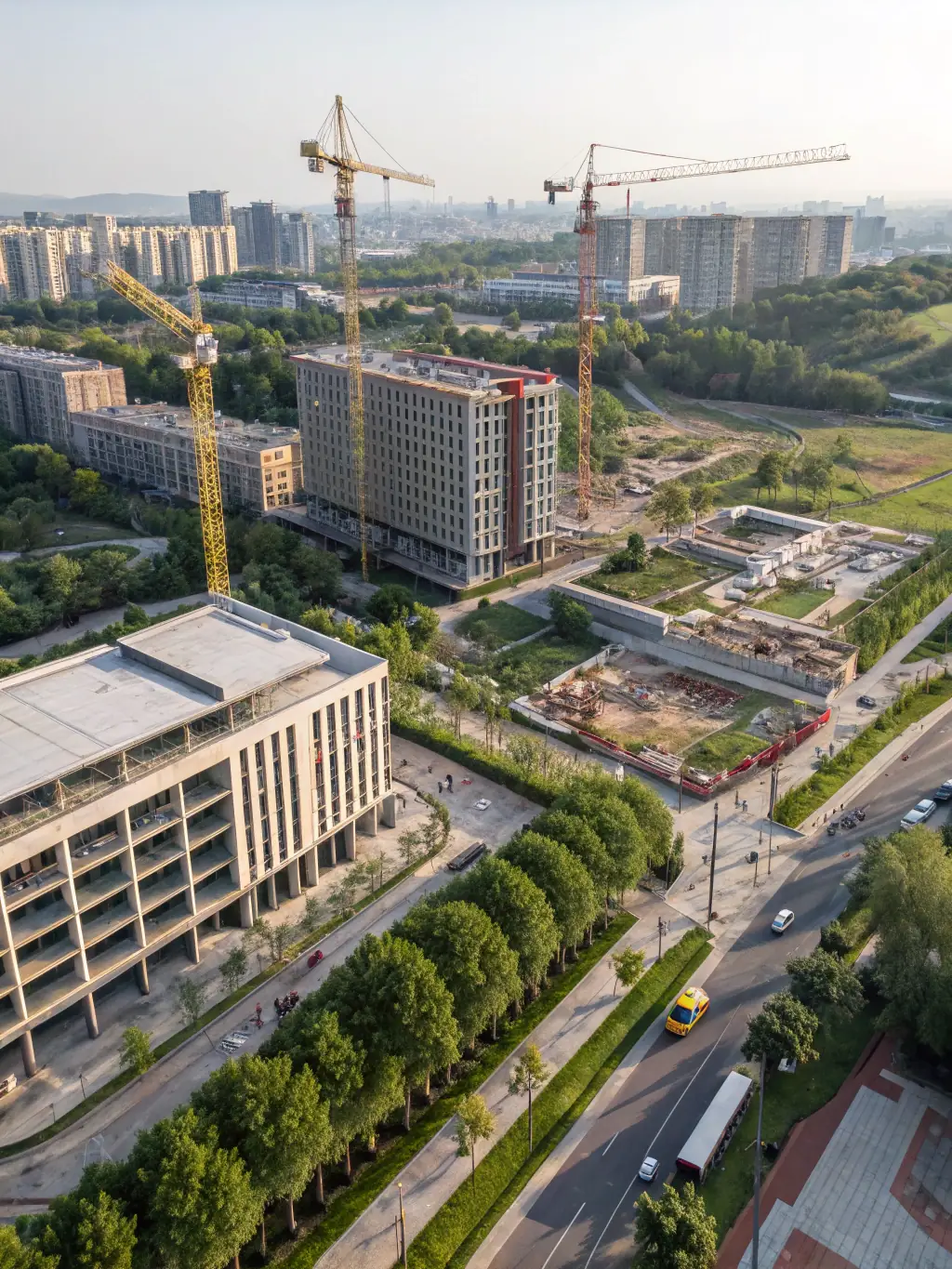 An aerial view of a commercial district undergoing revitalization, highlighting the strategic planning involved in urban renewal projects, used to showcase DVLP Planning Strategy's capabilities in commercial planning.